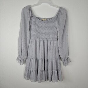 Altar'd State Coquette Grey Smocked Tiered Mini Ruffle Dress Long Sleeve S NWT